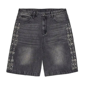 Short décontracté de haute qualité Short en denim brut lavé en détresse Vintage broderie strass Double taille Jean Shorts pour hommes - Product Image 1
