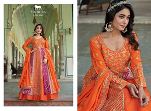 ชุดสองโทนสี salwar kameez แบบดั้งเดิมที่สง่างามพร้อมกระโปรงบานปักลาย dupatta Chinon สำหรับงานแต่งงานงานรื่นเริง - Product Image 5