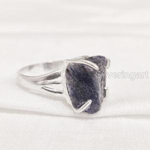 Joyería de piedra en bruto, anillo para mujer, piedra preciosa de zafiro azul crudo Natural, piedra natal de septiembre, anillo bohemio para fiesta, anillo de Plata de Ley 925 - Product Image 2