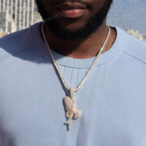 Iced Out Praying Hands VVS Moissanite Round <b>Cross</b> Gold Plated <b>Pendant</b> 925 <b>Silver</b> Charm Custom Hip Hop Jewelry for Men And Women - Product Image 4