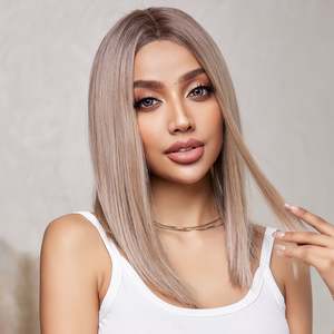 DWY 16 Inch Light Pink <b>Brown</b> Short Straight <b>Wig</b> with Transparent Lace Front - Product Image 5
