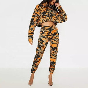 New Fashion Denim Orange <b>Camo</b> Two Piece Set Long Sleeve Crop Oversized Tracksuit Cargo <b>Joggers</b> <b>Woman</b> - Product Image 1