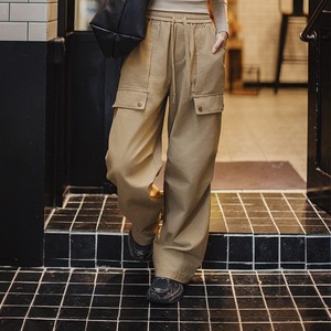 Pantalon cargo décontracté avec poche et cordon de serrage à taille élastique Pantalon ample droit kaki à jambes larges pour femmes - Product Image 4