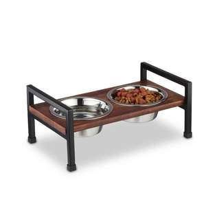 Venta al por mayor lindo hueso de perro diseño elevado alimentador de mascotas de madera maciza con 2 cuencos de acero inoxidable para servir comida para mascotas - Product Image 1