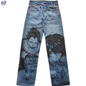 High Street Men's Premium Custom Jeans Pintado a mano Algodón de calidad Straight Mid Denim Light Distressed Pocket Pattern - Product Image 1