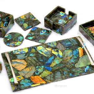 Juego de Posavasos y Bandeja de Labradorita |   Posavasos de Cristal Natural Tallado, Bandeja Espejo, Joyero, Posavasos para Coche, Decoración del Hogar - Product Image 1