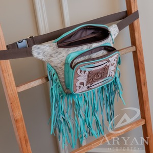 New Fashion Tooled Hair-On Genuine Leather Women Fanny Pack Western Turquoise Floral Cowhide Bum Bag Cowgirl Waist <b>Pocket</b> <b>Belt</b> - Product Image 6