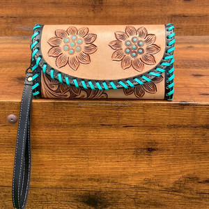 Étui de téléphone d'embrayage de portefeuille de sculpture usiné à la main de l'Ouest avec bordure de couleur turquoise Portefeuille en cuir occidental élégant à usages multiples - Product Image 2