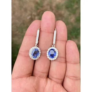 ต่างหูเงินแท้ 925 รูปวงรีประดับแทนซาไนต์ ดีไซน์ทันสมัย สวยงาม - Product Image 1