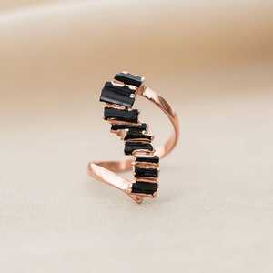 Black Tourmaline Bypass Ring Handmade Bohemian Jewelry Minimal Statement Ring 925 Sterling Silver Gold Plated - Product Image 2