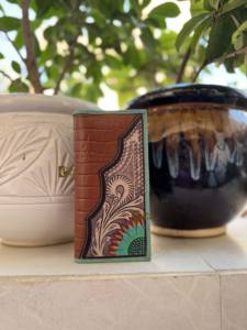 Cartera larga de cuero de estilo occidental turquesa con estilo para hombre RFID tallado a mano soporte para efectivo gran oferta regalo de moda para él - Product Image 3