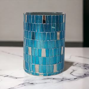 Soportes votivos de vidrio azul y plateado de lujo, tarros de linterna elegantes para fiesta en casa y trabajo de mosaico decorativo para festivales - Product Image 5