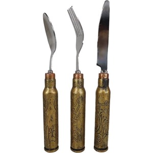 Juego de cubiertos de calidad superior de la India, acero inoxidable con acabado de espejo y mangos de latón, incluye 5 piezas, tenedor, cuchara, cuchillo - Product Image 4