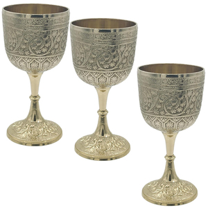 Antique Style Brass <b>Goblet</b> Cup | Silver Finish Engraved Chalice | Handmade Decorative Serveware for Home Events Dining Use - Product Image 1