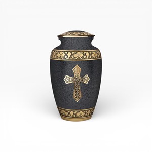 Matte Black Cremation Urn with Gold Cross Emblem and Decorative Floral Bands for Faithful <b>Memorial</b> Display - Product Image 1
