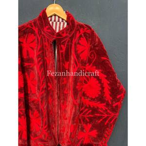 Maroon Velvet Floral Embroidered Suzani Quilted Quick Dry Women's Vintage Party Wear Jackets Hand <b>Stitch</b> Cotton Lining Two Side - Product Image 2