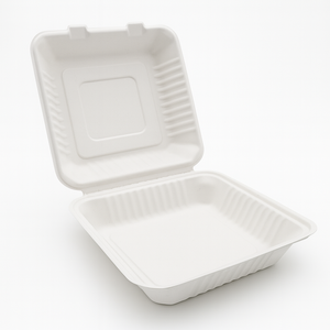 ProTakeOut, Paquete de 200 Contenedores con Bisagras de Bagazo [9 x 9] (100/2) – Sin PFAS, Blancos, Compostables, Aptos para Microondas y Duraderos - Product Image 1