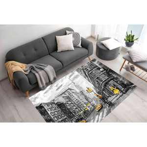Tapis gris jaune, tapis imprimé avec vue sur New York, tapis à poils doux - Product Image 1