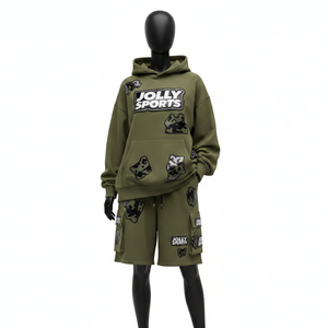 Ensemble sweat à capuche et short en molleton de coton lourd pour femme, vert olive, tenue décontractée, broderie de logo personnalisée pour femme - Product Image 1