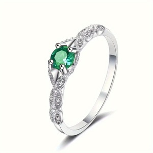 Anello in Acciaio Inossidabile con Smeraldo, Classico da Donna con Incastonatura a Griffe, Pietra Rotonda, Gioiello di Moda per Fidanzamento e Pietra Portafortuna di Maggio - Product Image 1