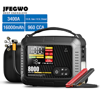 Démarreur portable puissant pour voiture, camion et moto, batterie externe 16000 mAh avec courant de crête 3400 A, compresseur d'air et gonfleur de pneus