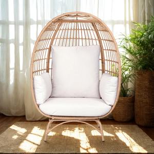 Chaise Egg d'extérieur en rotin naturel fabriqué à la main avec coussins en peluche-Chaise de relaxation bohème pour salon patio - Product Image 3