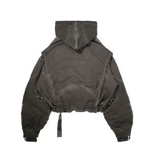 Personalizado Vintage Crop 100% algodón Zip Up apenado apliques bordado parche ácido lavado Sudadera con capucha hombres Crop Hoodie bolsillo oculto - Product Image 5