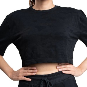 T-shirt court avec logo personnalisé respirant noir 100% coton pour femmes hauts courts à quantité minimale de commande bas vente en gros - Product Image 3