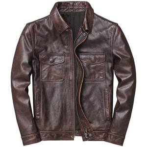 Blouson de motard vintage personnalisé pour homme en cuir véritable avec accents en peau de vache, col montant enduit et logo frontal - Product Image 1