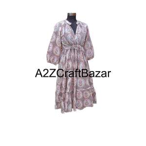 Robe mi-longue florale 100 % coton pur faite à la main, écologique, respirante, nettoyage à sec, coupe confortable, taille naturelle, col en V - Product Image 5