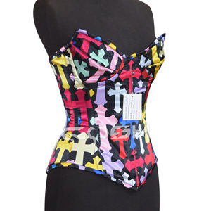 Party Wear Steel Boned Underwire Cups Overbust Cross Print <b>Corset</b> - Product Image 4