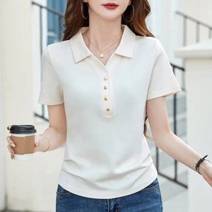 T-shirt d'été décontracté pour femme, coupe ajustée, col uni, manches courtes, matière respirante de haute qualité, design à col rabattu - Product Image 6