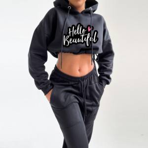 Crop Top Hoodie <b>Short</b> <b>Jogger</b> Set Women Clothing Custom 100% Cotton Ladies Women Blank Cropped Hoodie Trouser Set - Product Image 3