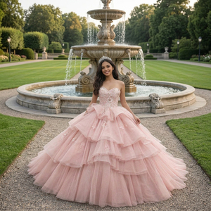 6558 Gorgeous Pink Sleeveless <b>Ruffle</b> Lace-Up Crystal Beading Appliques Natural Eco-Friendly Quinceanera Ball Gown <b>Dress</b> - Product Image 1