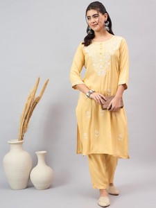 women ethnic Yellow Ethnic Motifs Embroidered Round Neck viscose rayon Kurta With <b>Trouser</b> <b>indian</b> pakistan salwar kameez - Product Image 2