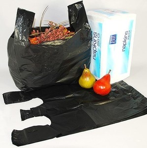Color negro Heavy Duty HDPE Plastic T-Shirt Bolsas de embalaje Diseño de escudete lateral para supermercado y uso de basura - Product Image 6
