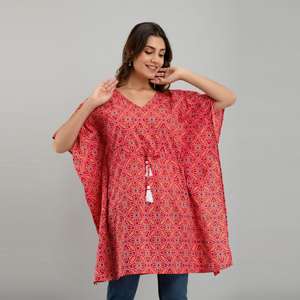 Robe caftan en coton imprimé Bandhani rose SHKUP1232 pour les occasions de cocktails - Product Image 1