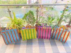 Bolsa de compras de nailon reutilizable ecológica RPET con cremallera a rayas Handloom tejido plástico reciclado bolsas de playa Logotipo de moda cosmético - Product Image 3