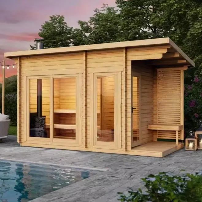OEM/ODM 2024 desain baru Modern mewah putih kayu pinus taman uap kering Sauna luar ruangan dengan kompor pembakar kayu