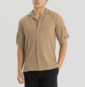 Camisas de Hombre con Cuello Cubano de Sarga de Algodón con Logotipo Personalizado, Bordado de Cadena, Corte Cuadrado, Camisa de Diseñador para Hombre - Product Image 5