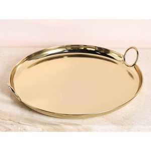 Bandeja de Servicio de Metal Dorado de Alta Calidad con Asas Circulares, Plato Redondo Decorativo de Latón Pulido Moderno para Servir en la Cocina - Product Image 1