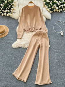 Conjuntos de ropa de descanso informal para mujer de otoño, Jersey sólido, pantalón largo dividido elástico, suéter holgado de calle alta, trajes de dos piezas de maternidad - Product Image 5