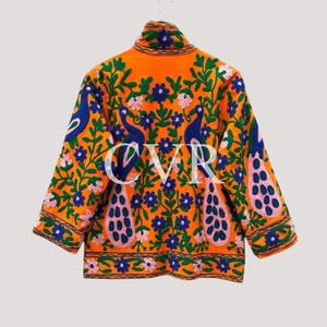 Hand Embroidered Floral Cotton Coat Mandarin Collar Three Quarter Sleeve Bohemian Plus Size Women's Casual Outerwear - Product Image 2