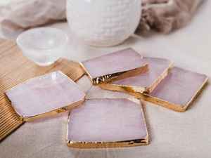 Sous-verres en quartz rose de luxe avec feuille d'or Agate naturelle Pierre de marbre Sous-verres en céramique pour café Thé Table Décor - Product Image 2