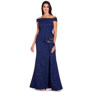 Abito da sera da donna Adrianna Papell in raso blu navy, taglia 8, con scollo a goccia, linea impero, a balze, con paillettes, lunghezza al pavimento, modello a tubino - Product Image 1