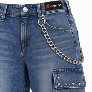 Vaqueros cargo de mezclilla de pierna ancha para mujer, personalizados al por mayor, de cintura alta, holgados, estilo vintage, lavados, azules, estilo urbano, utilitarios - Product Image 5
