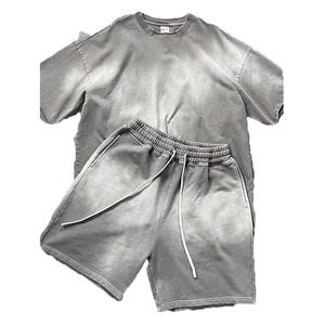 Vintage Comfortable Heavyweight Washed Distressed <b>Spray</b> Casual Street Oversized Vintage Two Piece Shorts Men's T-Shirt <b>Sets</b> - Product Image 4