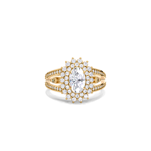 Bague de fiançailles de luxe avec halo de tournesol en diamant ovale de 1,56 ct |   Bague de mariage en or jaune, blanc et rose 18 carats avec motif floral - Product Image 1