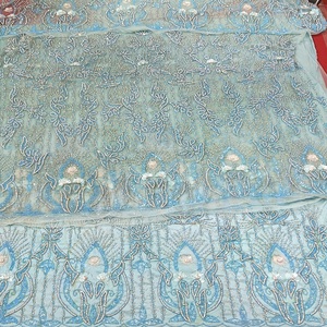 Tela de encaje de red con cuentas de lujo nigeriano africano red bordada con cuentas pesadas para prendas estilo de fiesta Halter verano recto - Product Image 1