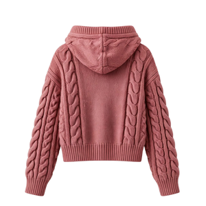 <b>Womens</b> <b>Pink</b> Cable Knit <b>Hoodie</b> Sweater Long Sleeve Pullover With Braided Drawstrings Ribbed Cuffs Hem And Textured Winter Design - Product Image 2